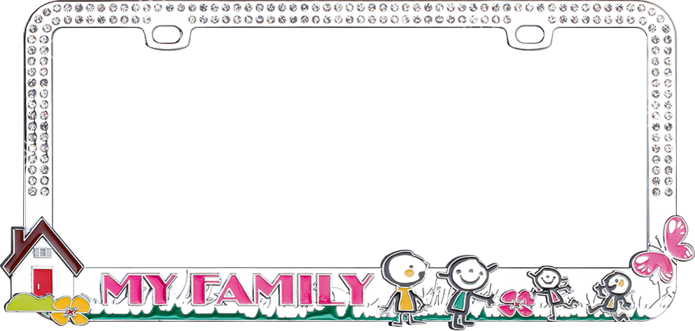 "Loving Family" Chrome Metal License Plate Frame with Clear Crystals